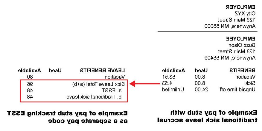 图示说明了一个带有传统病假累积的工资存根示例和一个跟踪ESST作为单独工资代码的工资存根示例.